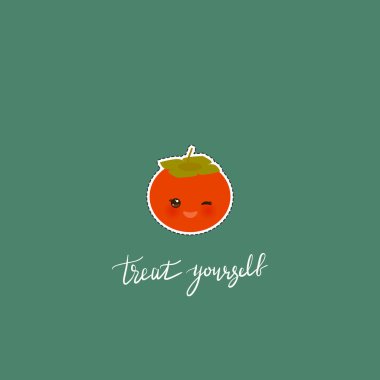 Kendini şımart. Kart afiş şablonu. Elle çizilmiş hat sanatı. Pembe yanakları ve göz kırpma gözleri ile Kawaii hurbur meyve, yeşil arka plan üzerinde. Vektör çizimi