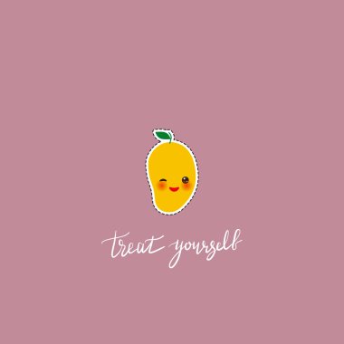 Kendini şımart. Kart afiş şablonu. Elle çizilmiş hat sanatı. Güneş gözlüğü ve gözleri ile Kawaii mango meyve, pembe arka plan üzerinde. Vektör