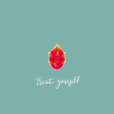 Kendini şımart. Kart afiş şablonu. Elle çizilmiş hat sanatı. Pembe yanakları ve göz kırpma gözleri ile Kawaii ejderha meyve, yeşil virigian arka plan üzerinde. Vektör