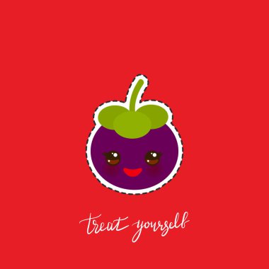 Kendini şımart. Kart afiş şablonu. Elle çizilmiş hat sanatı. Pembe yanakları ve göz kırpma gözleri ile Kawaii mangosteen meyve, kırmızı arka plan üzerinde. Vektör