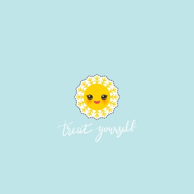 Kendini şımart. Kart afiş şablonu. Elle çizilmiş hat sanatı. komik kawaii güneş yüzü, bebek mavisi arka plan. Vektör