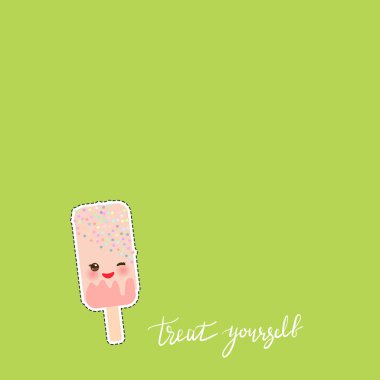 Kendini şımart. Kart afiş şablonu. Elle çizilmiş hat sanatı. Pembe yanakları ve gözleri ile Kawaii dondurma, yeşil arka plan üzerinde. Vektör