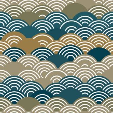 Seigaiha kelimenin tam anlamıyla deniz dalgası anlamına gelir. dikişsiz desen soyut ölçekler basit Doğa arka plan japon daire haki gri bej zeytin yeşili beyaz renkler. Vektör