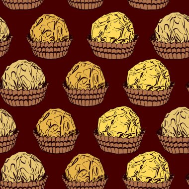 Folyo ve kağıt bardak Dikişsiz desen Şeker çikolata truffles. Elle çizim karalamaları. Altın sarısı kahverengi renk. Vektör