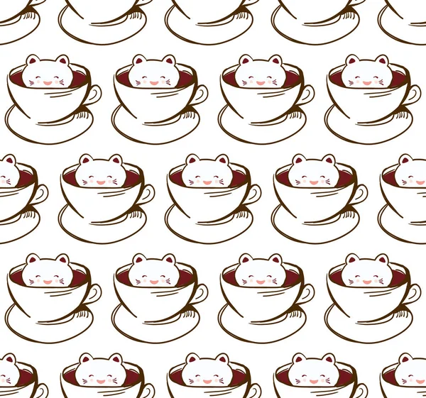 Patrón sin costuras Lindo gato Kawai en taza de café arte espuma, aislado sobre fondo blanco. Latte Art 3D. tapa de espuma de leche en la taza de chocolate caliente. Boceto de Doodle. Vector — Archivo Imágenes Vectoriales