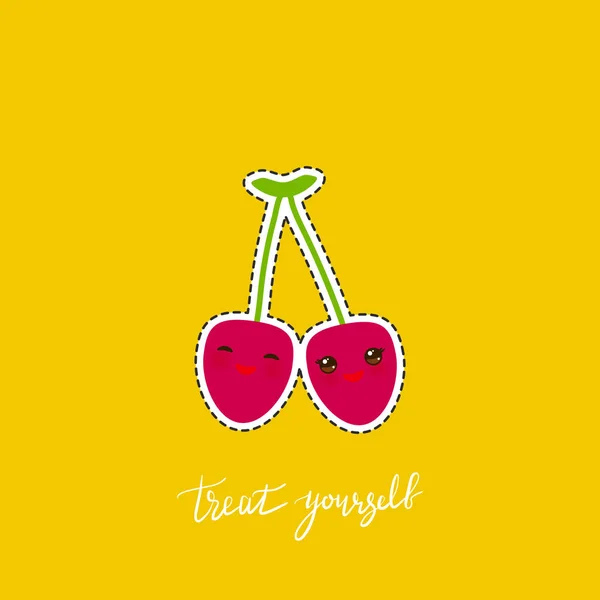 Date un capricho. Plantilla de banner tarjeta. Caligrafía dibujada a mano. Fruta cereza Kawaii con mejillas rosadas y ojos guiñados, sobre fondo naranja. Vector — Archivo Imágenes Vectoriales