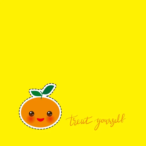 Date un capricho. Plantilla de banner tarjeta. Caligrafía dibujada a mano. Kawaii fruta de mandarina con ojos, sobre fondo amarillo. Vector — Archivo Imágenes Vectoriales