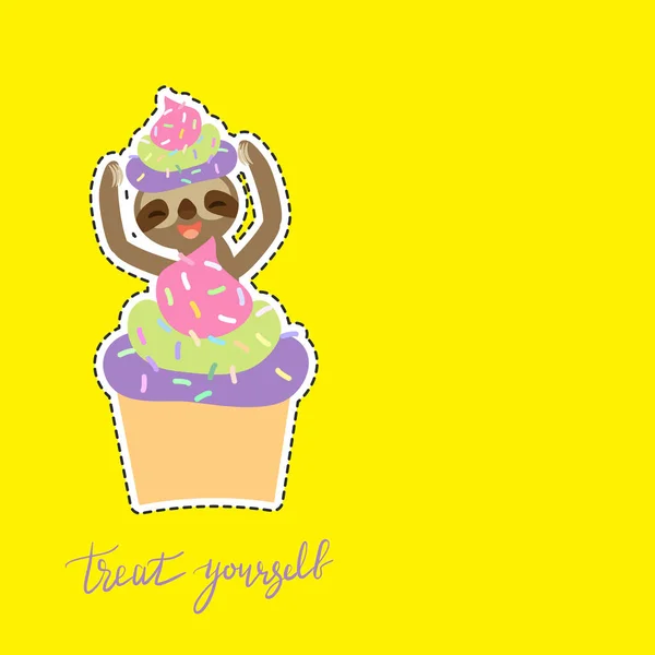 Trakteer uzelf. Kaart banner sjabloon. Hand getekende kalligrafie. grappig en schattig glimlachend drie-toed luiaard met cupcake met roze groen Lila crème en hagelslag op gele achtergrond. Vector — Stockvector