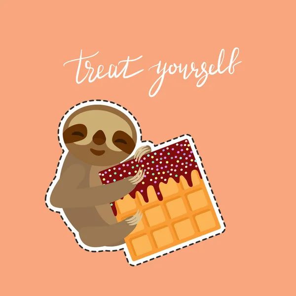 Treat yourself. Card banner template. Hand drawn calligraphy. funny and cute smiling Three-toed sloth with Belgian waffle with chocolate and sprinkle on ocher beige background. Vector — Stock Vector