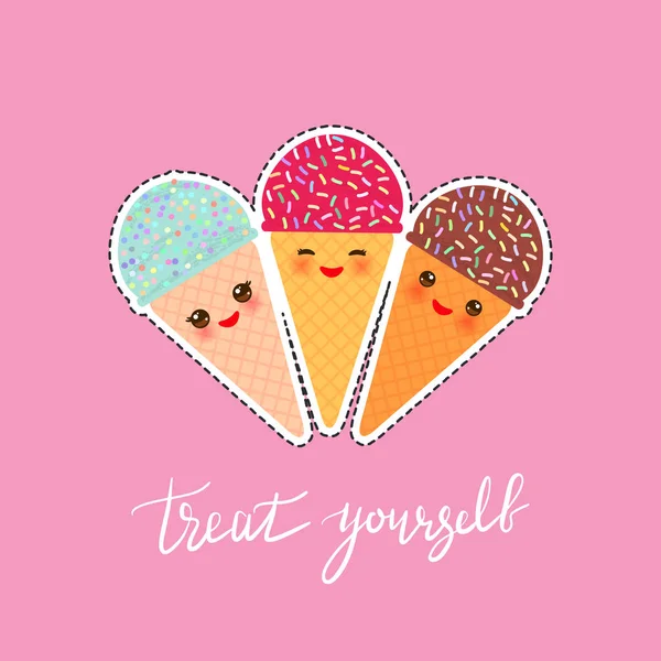Kendini şımart. Kart afiş şablonu. Elle çizilmiş hat sanatı. Pembe yanakları ve göz kırpma gözleri ile Dondurma waffle koni Kawaii komik namlu, pembe arka plan üzerinde pastel renkler. Vektör