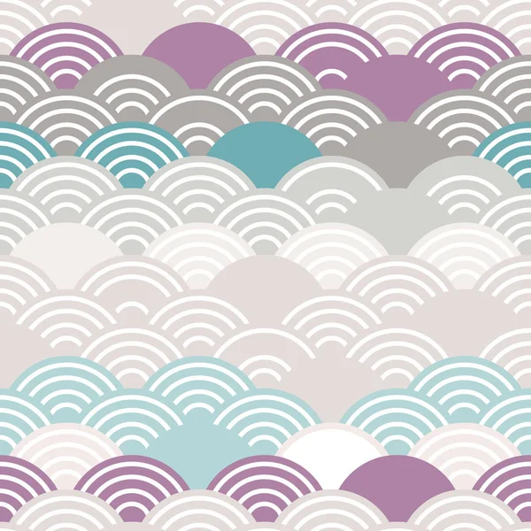 Seigaiha significa literalmente ola del mar. patrón sin costuras escalas abstractas simple Naturaleza fondo japonés círculo azul claro gris beige blanco rosa lila colores. Vector — Vector de stock