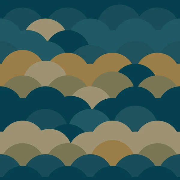 Våg av havet sömlösa mönster abstrakt skalor enkel natur bakgrund japansk cirkel khaki grå beige olivgrön vita färger. Vektor — Stock vektor