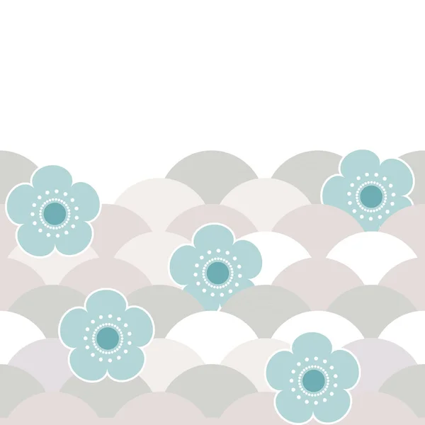 Scheda banner design, motivo grigio beige fiori blu fiori ciliegio giapponese su sfondo bianco. Ornamento semplice asiatico, scale in stile orientale, cerchio giapponese. Ricevuto. Vettore — Vettoriale Stock