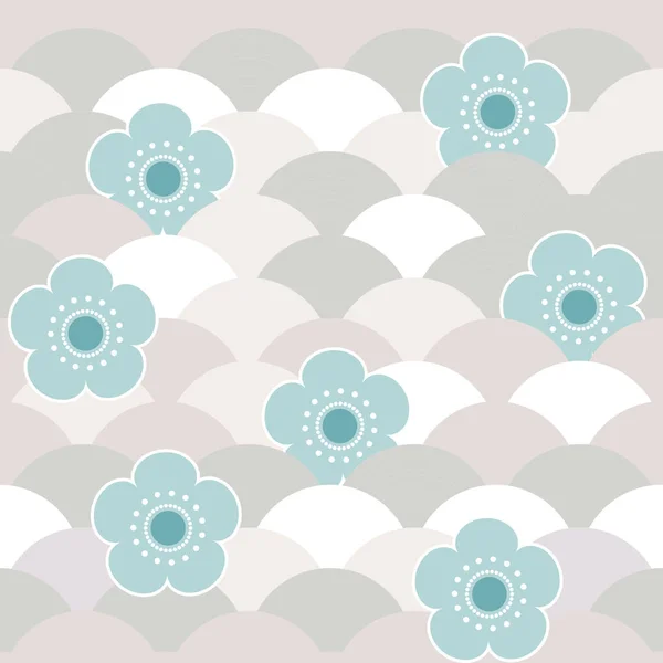 Χωρίς ραφές μοτίβο μπλε λουλούδια Ιαπωνικά άνθη κεράσι σε γκρίζο μπεζ λευκό φόντο. Ασιατικό απλό στολίδι, ανατολίτικα στυλ κλίμακες, Ιαπωνικό κύκλο. Μπορεί να χρησιμοποιηθεί για υφάσματα, ταπετσαρίες. Διάνυσμα — Διανυσματικό Αρχείο