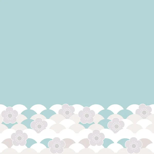 Design de banner de cartão, padrão cinza bege flores brancas flores de cereja japonesas no fundo azul. Ornamento asiático simples, escalas de estilo oriental, círculo japonês. Espaço para cópia. Vetor — Vetor de Stock