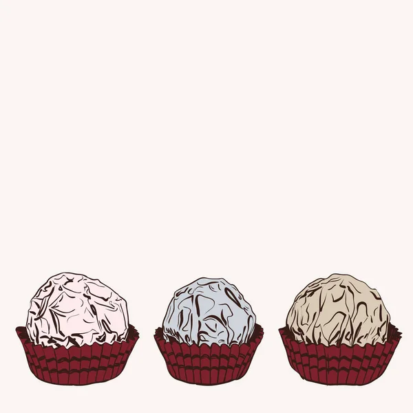 Truffes au chocolat aux bonbons en papier aluminium et tasse en papier. Dessin à la main croquis gribouillis. Gris rose bleu marron. Vecteur — Image vectorielle