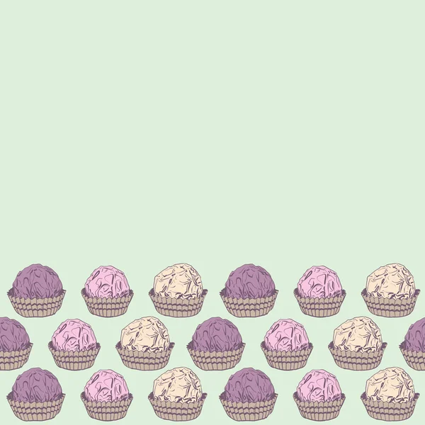 Modèle de bannière de carte, modèle Truffes au chocolat Candy en feuille et tasse en papier. Dessin à la main croquis gribouillis. beige gris violet violet sur fond vert. Vecteur — Image vectorielle