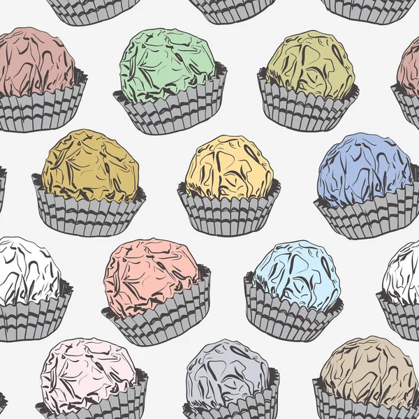 Seamless pattern Candy chocolate truffles in foil and paper cup. Drawing by hand sketch doodles. Gray yellow pink blue green brown. Vector — Stock Vector