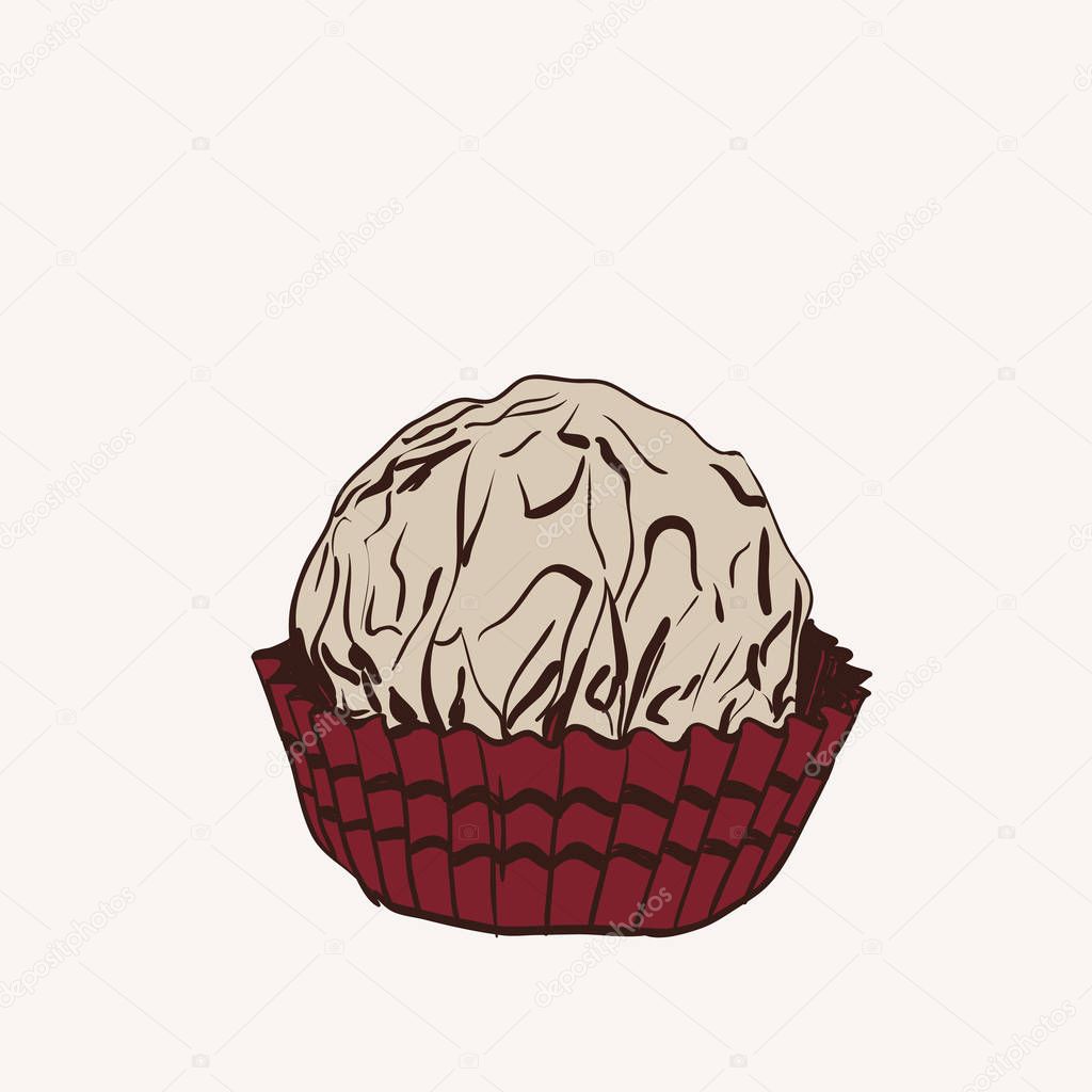 Candy chocolate truffles in foil and paper cup. Drawing by hand sketch doodles. Gray pink brown. Vector