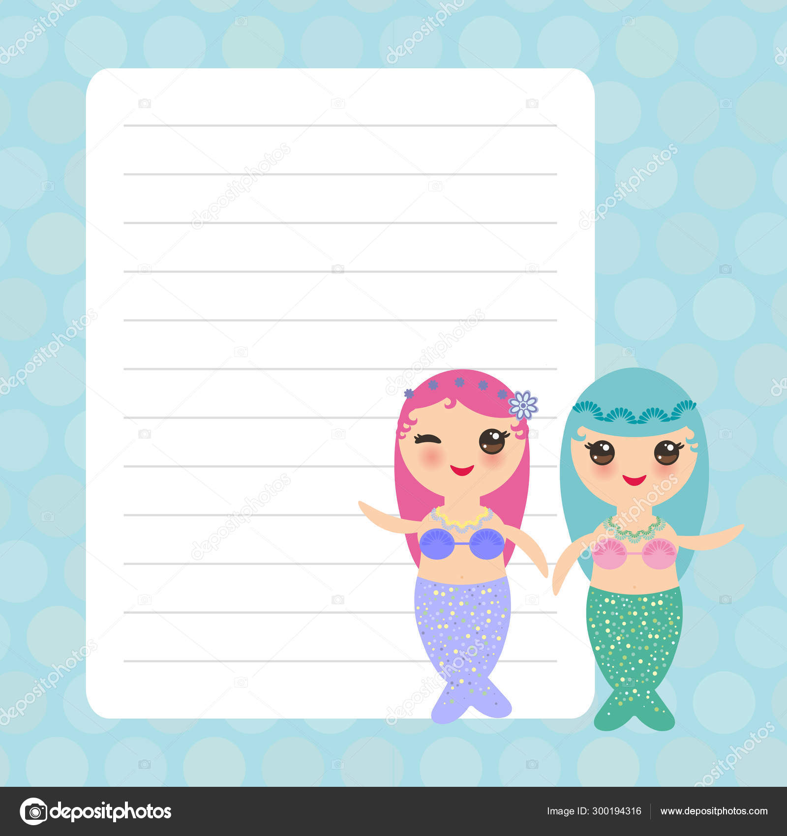 Card Design With Kawaii Mermaid With Blue And Pink Hair Cute Girl