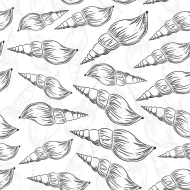 Turrid, çoğul turridler, yırtıcı deniz salyangozları, Turridae familyasında deniz gastropod yumuşakçaları. Çizim siyah kontur beyaz arka plan üzerinde izole. Kumaşlar, duvar kağıtları için kullanılabilir. Vektör