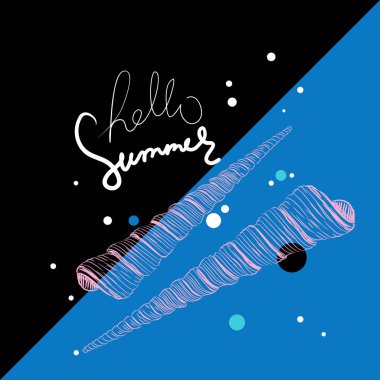 Merhaba yaz kartı afiş. Turrid Vetigastropoda deniz salyangoz kabuk önemli bir taksonomik grubudur. Mavi siyah arka plan üzerinde çizim kontur. Vektör