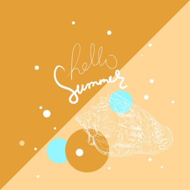 Merhaba yaz kartı afiş. deniz kabukları deniz kabukları Cypraecassis salyangoz. Mavi ocher bej arka plan üzerinde Kroki kontur. Vektör