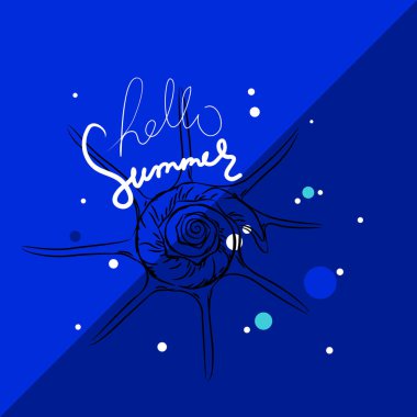 Merhaba yaz kartı afiş. Benzersiz yıldız deniz kabukları Harpago Benzersiz kabukları, yumuşakçalar. Lacivert ultramarine arka plan üzerinde Kroki siyah kontur. Vektör