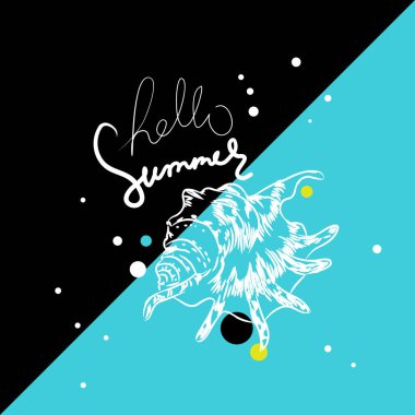 Lambis örümcek conch Chicoreus aculeatus, kabuk deniz salyangoz Merhaba yaz kartı afiş. Siyah mavi arka plan üzerinde çizim kontur. Vektör