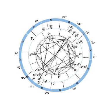 Burç doğum şeması, astrolojik gök haritası, kozmogram, vitasphere, radix. Mavi beyaz siyah renk. Elle çizilmiş hat sanatı. Vektör