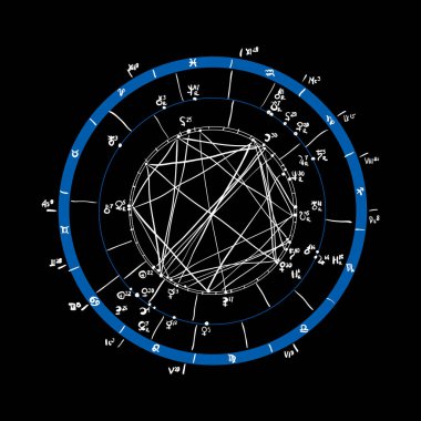Burç doğum şeması, astrolojik gök haritası, kozmogram, vitasphere, radix. Mavi beyaz siyah renk. Elle çizilmiş hat sanatı. Vektör