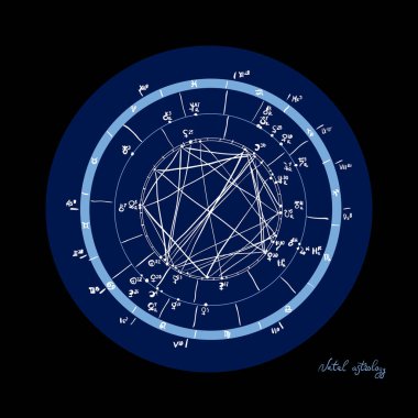 Burç doğum şeması, astrolojik gök haritası, kozmogram, vitasphere, radix. Mavi beyaz siyah renk. Elle çizilmiş hat sanatı. Vektör