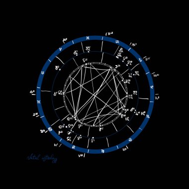 Burç doğum şeması, astrolojik gök haritası, kozmogram, vitasphere, radix. Mavi beyaz siyah renk. Elle çizilmiş hat sanatı. Vektör
