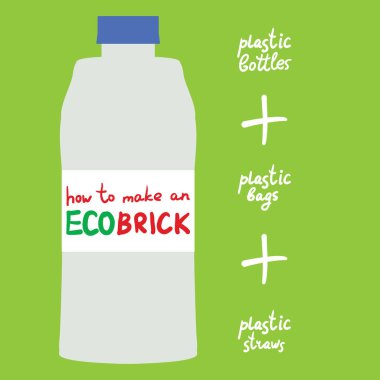 Ecobrick temiz ve kuru ile paketlenmiş plastik bir şişe, yeniden kullanılabilir bir yapı taşı yapmak için kullanılan plastik. Eko Tuğlalar, Ecolladrillos, şişe tuğlaları. Biospher'a daha az plastik giriyor. Vektör