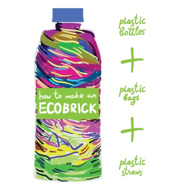 Ecobrick temiz ve kuru ile paketlenmiş plastik bir şişe, yeniden kullanılabilir bir yapı taşı yapmak için kullanılan plastik. Eko Tuğlalar, Ecolladrillos, şişe tuğlaları. Biospher'a daha az plastik giriyor. Vektör