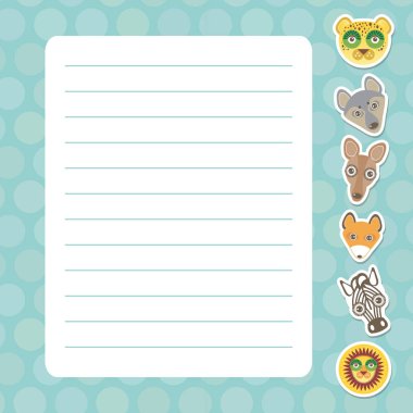 Kawaii leopar kurt kanguru tilki zebra aslan, mavi pastel renkler polka nokta kaplı sayfa defter, şablon, boş, planlayıcı arka plan ile Kart tasarımı. Vektör