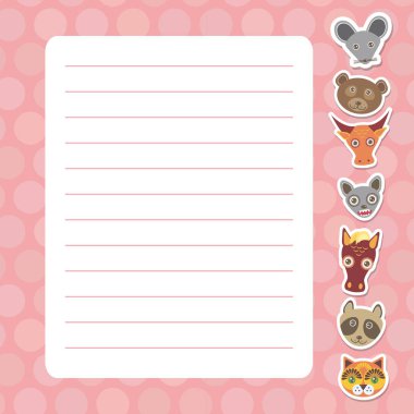 Kawaii fare ile kart tasarımı ayı boğa yarasa at rakun kedi, pembe pastel renkler polka nokta kaplı sayfa not defteri, şablon, boş, planlayıcısı arka plan. Vektör