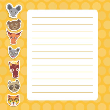 Kawaii fare ayı boğa yarasa at rakun kedi, turuncu pastel renkler polka nokta kaplı sayfa not defteri, şablon, boş, planlayıcı arka plan ile kart tasarımı. Vektör