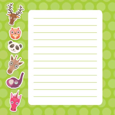Kawaii geyik, baykuş, panda, zürafa, fil, tek boynuzlu at, yeşil pastel renkler polka nokta kaplı sayfa defter, şablon, boş, planlayıcı arka plan ile Kart tasarımı. Vektör