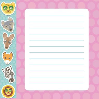 Kawaii leopar, kurt, zürafa, tilki, zebra, aslan, mavi leylak pembe pastel renkler polka nokta kaplı sayfa defter, şablon, boş, planlayıcı arka plan ile Kart tasarımı. Vektör