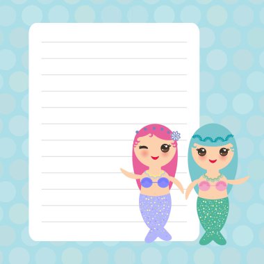 Mavi ve pembe saç sevimli kız nane pastel renkler polka nokta kaplı sayfa defter, şablon, boş, planlayıcısı arka plan ile Kawaii Mermaid ile Kart tasarımı. Vektör