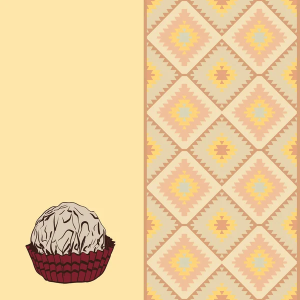 Candy chocolade truffels in folie en papier Cup. Tekenen met de hand schets doodles. Turkse tapijt grijs geel beige oranje bruin patchwork mozaïek Oosterse Kilim tapijt. Vector — Stockvector