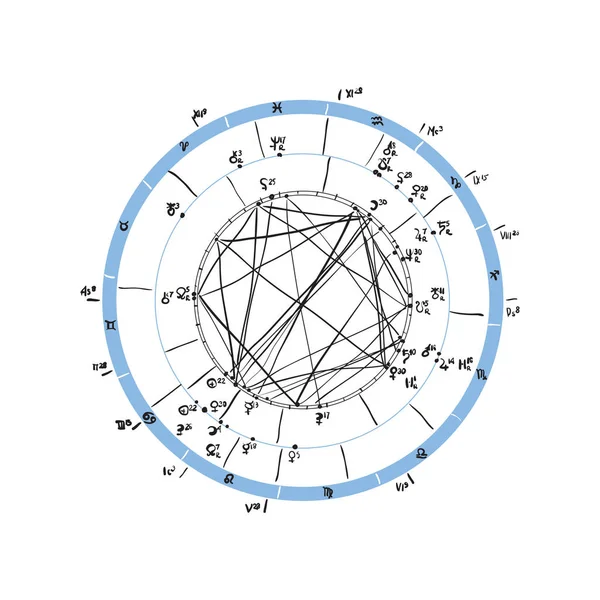 Horoscope natal chart, astrological celestial map, cosmogram, vitasphere, radix. Blue white black color. Hand drawn calligraphy. Vector — Stock Vector