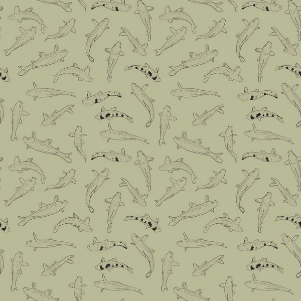 Dikişsiz desen Koi sazan nishikigoi kelimenin tam anlamıyla sazan brocaded. Açık koi havuzları su bahçeleri tutulur ortak sazan. bej gri arka plan çizim doodle üzerinde siyah anahat. Vektör