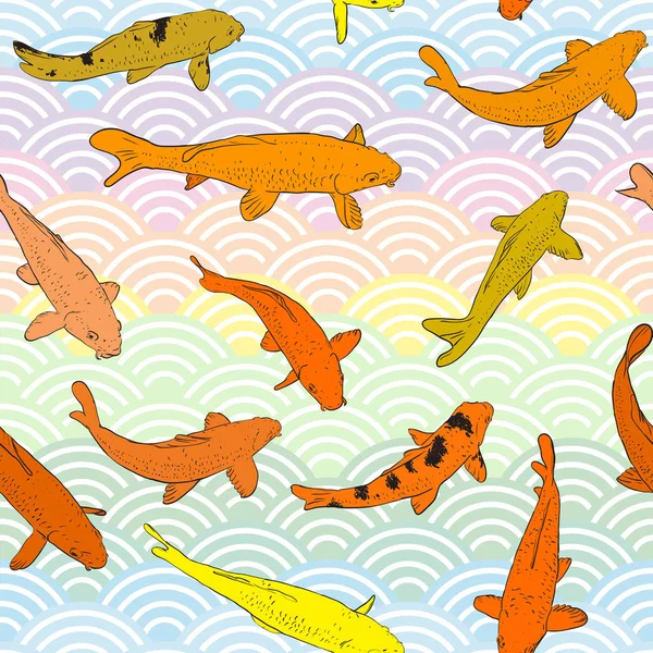 无缝模式科伊鲤尼西基戈伊字面上兄弟鲤鱼。橙色的黄色鱼。黑色轮廓素描涂鸦。彩虹尺度简单自然亚洲波圆百日。向量 — 图库矢量图片
