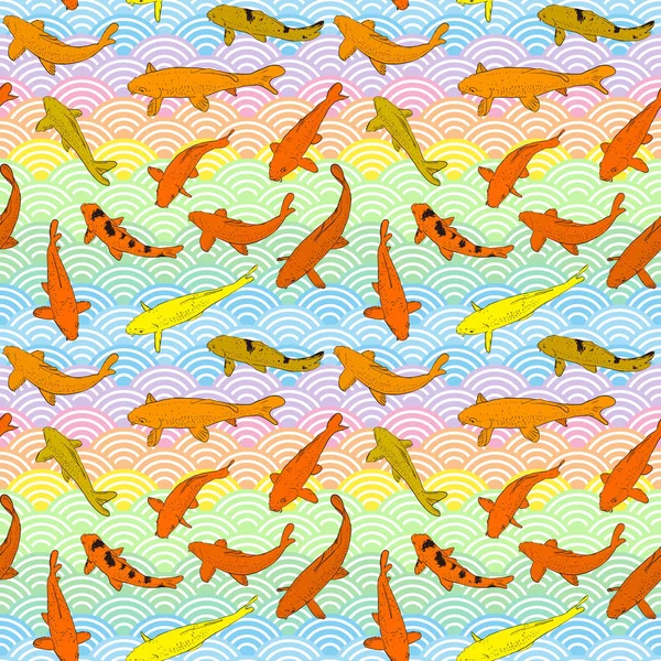 Padrão sem costura Koi carpa nishikigoi literalmente brocaded carpa. peixe amarelo alaranjado. esboço preto esboço doodle. arco-íris escalas simples natureza asiático onda círculo bacground. Vetor — Vetor de Stock