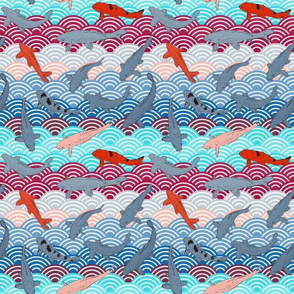 シームレスなパターン鯉錦ごはぎは文字通り鯉の魚をブロケード。黒いアウトラインスケッチ落書き。ブルーアズールティールピンクグレーバーガンディは、シンプルな自然アジアの波の円の背景をスケールします。ベクトル — ストックベクタ