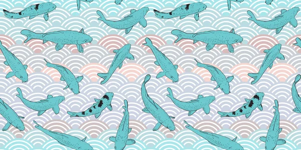 Seamless pattern Koi carp nishikigoi literally brocaded carp. Blue fish. black outline sketch doodle. azure teal pink grey lilac scales simple Nature Asian wave circle bacground. Vector — Stock Vector