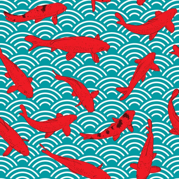 Patrón sin costura carpa Koi nishikigoi literalmente brocado carpa. Pescado rojo. bosquejo esbozo negro garabato. azur teal burdeos granate Naturaleza fondo oriental con patrón de círculo de onda japonesa. Vector — Vector de stock