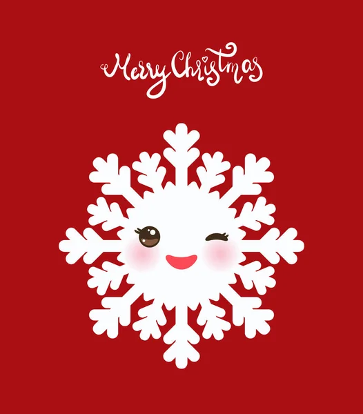 Buon Natale disegno biglietto da visita Kawaii fiocco di neve bianco faccia divertente con gli occhi e le guance rosa su sfondo rosso. Vettore — Vettoriale Stock